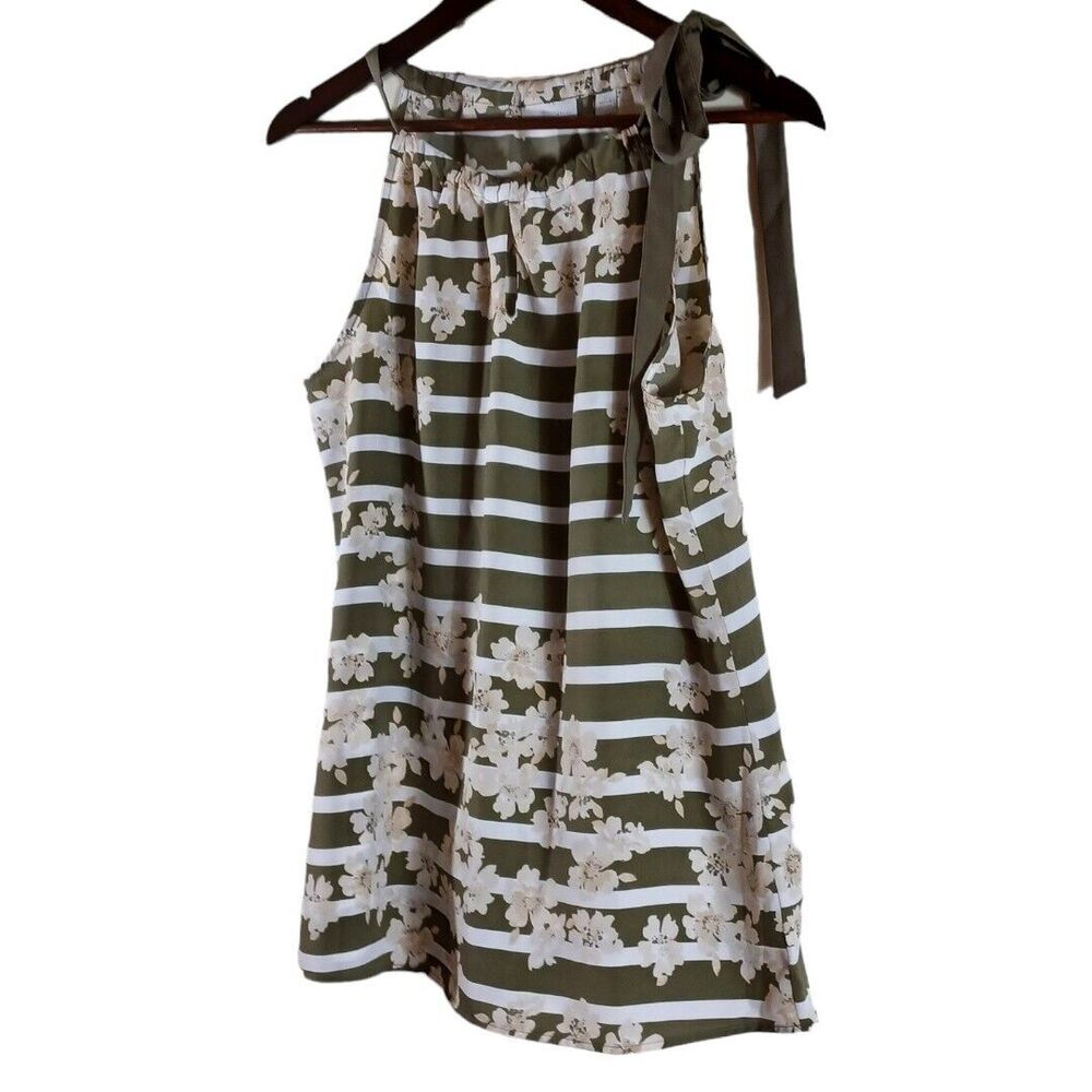 New York Company Tank Top Green Striped Blouse Medium Neck Tie Flowy Career Work